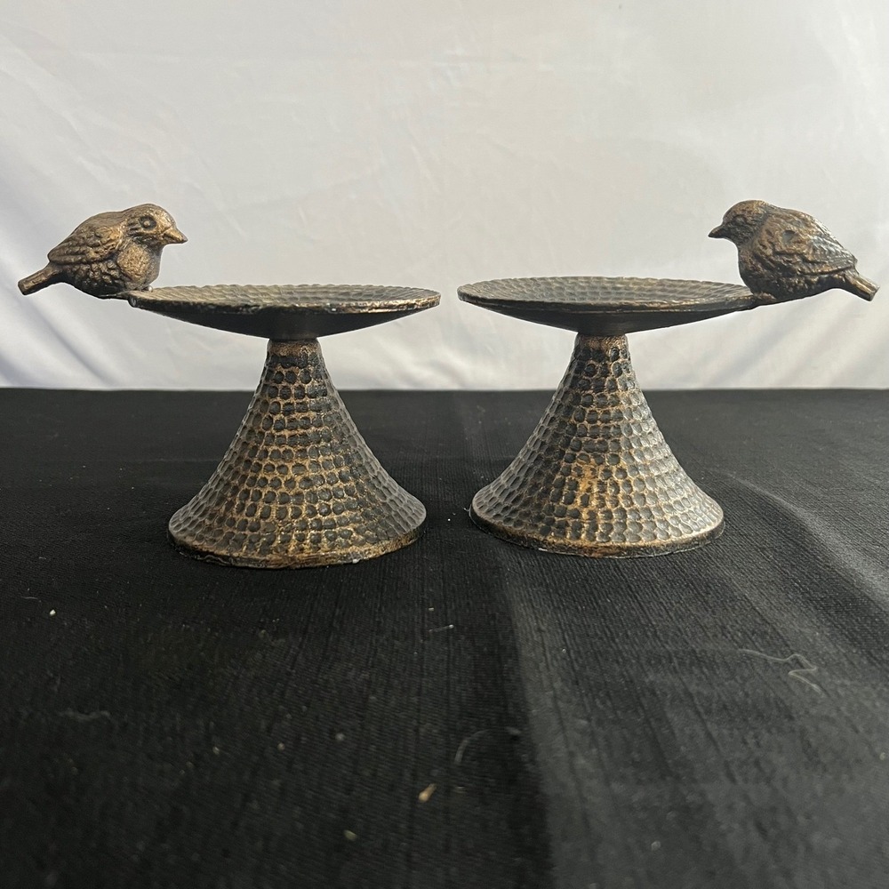 Set of 2 Hammered Bronze Cast Iron Bird Pedestal Candle Holders Rustic Decor